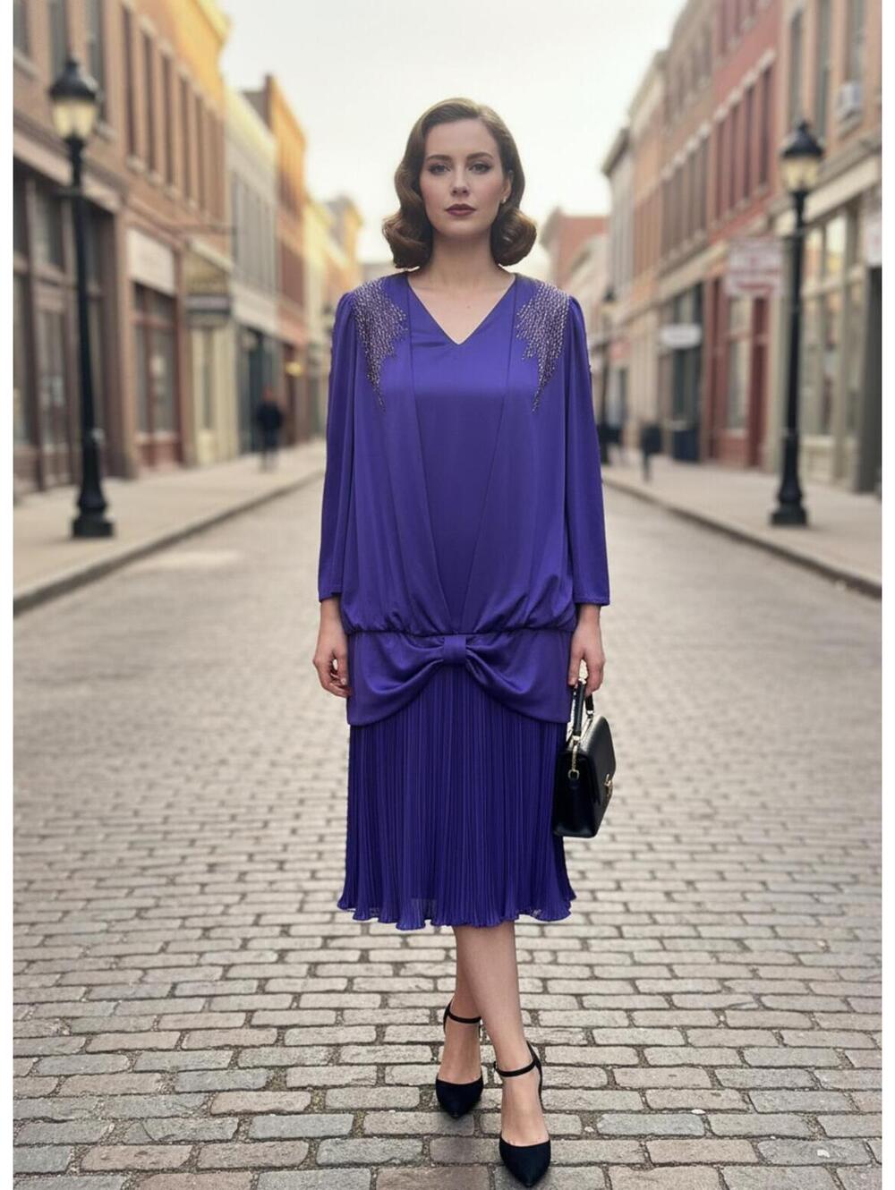 Gilberti Purple Beaded Draped Long Sleeve Pleated Midi Dress Downton Abbey style